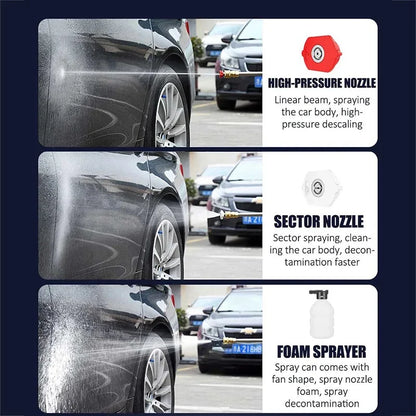 Kamolee draadloze high-pressure car wash gun met 388V Li-ion accu, zwart met rode accenten, naast open koffer met accessoires. Geschikt voor krachtige