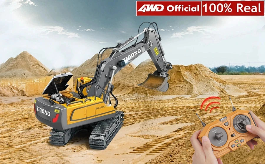 Grote, realistische RC-graafmachine in zwart en geel, met zichtbare trekkerbanden en een schep die zand opvangt. Inclusief afbeeldingen van bijbehoren