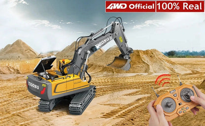 Grote, realistische RC-graafmachine in zwart en geel, met zichtbare trekkerbanden en een schep die zand opvangt. Inclusief afbeeldingen van bijbehoren