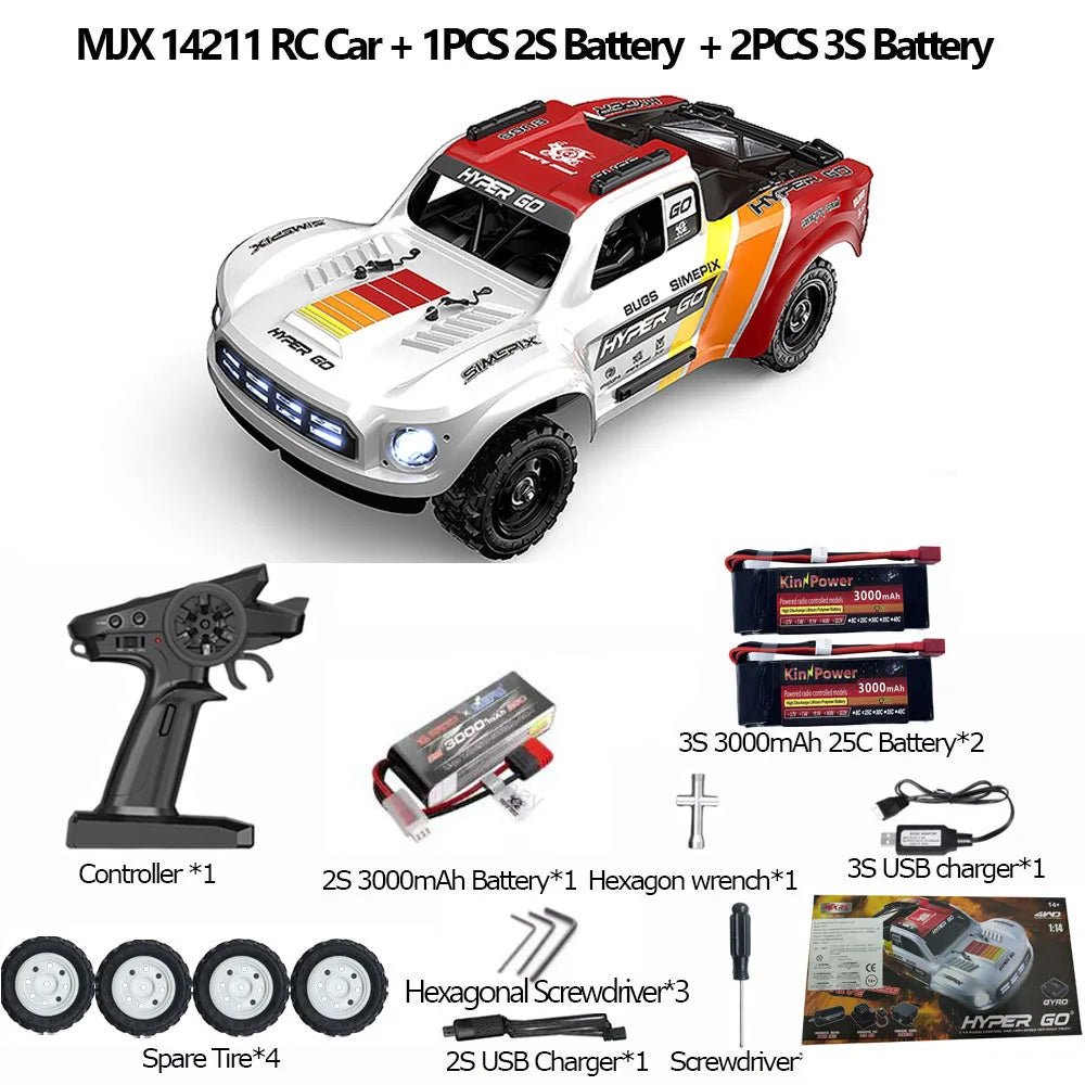 Rood-wit racepick-up met blauwe LED-lichten en zwarte banden, uitgerust met 3S en 2S batterijen en zwarte stuurunit voor speelplezier op zand of asfal