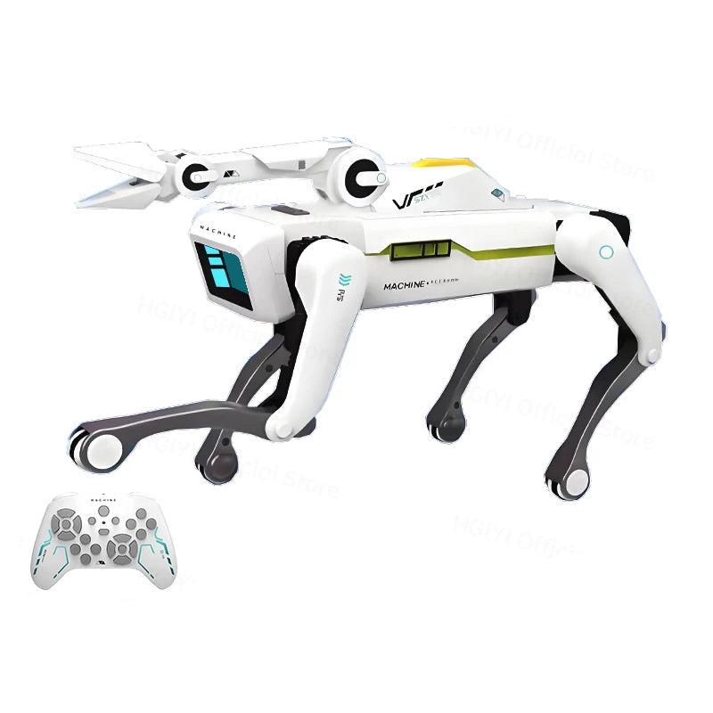 De witte 2.4G RC Smart Dog met groene accenten en zwarte poten, uitgerust met Bluetooth en een afstandsbediening, is een slimme speelgoedhond voor kin