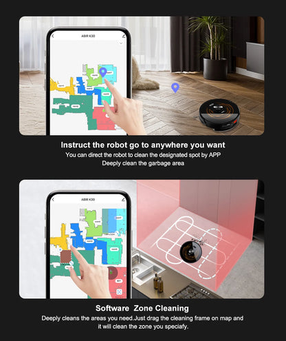 Zwarte robotstofzuiger met oplaadstation, voorzien van een smartphone-app voor slimme stofzuiging. Geschikt voor dagelijkse huishoudelijke schoonmaak 