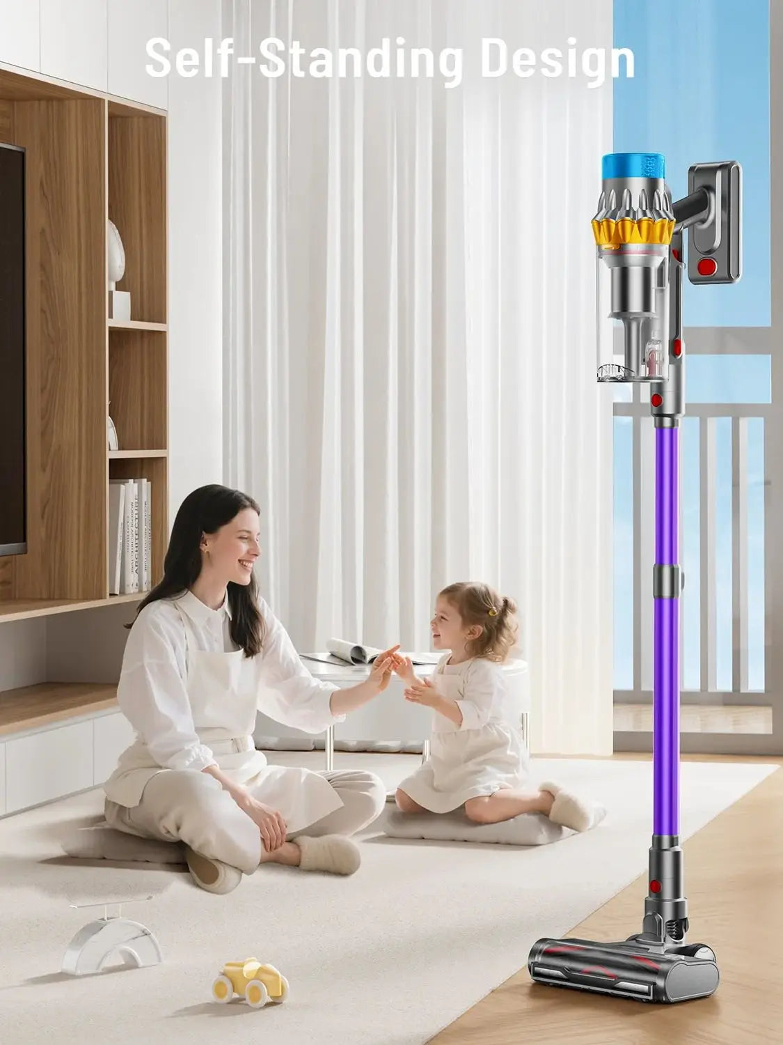 Een moderne, paarse draadloze stofzuiger met zichtbare blauwe en gele details, inclusief digitale display, diverse borstels en een lichtgevende onderk
