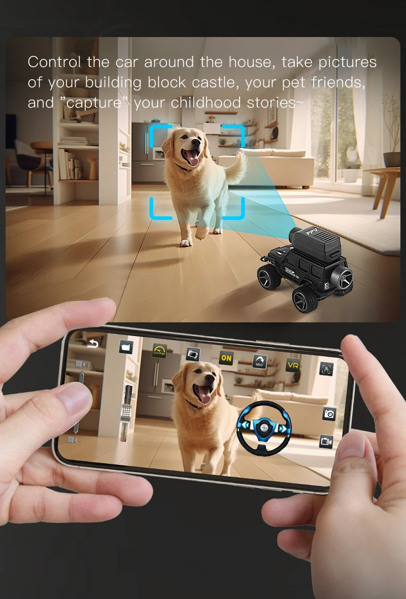 Zwart 1:64 mini klimautomaat met magnetische camera, geschikt voor indoor- en outdoor-avonturen. Zichtbaar app-controle en remote control voor speelpl