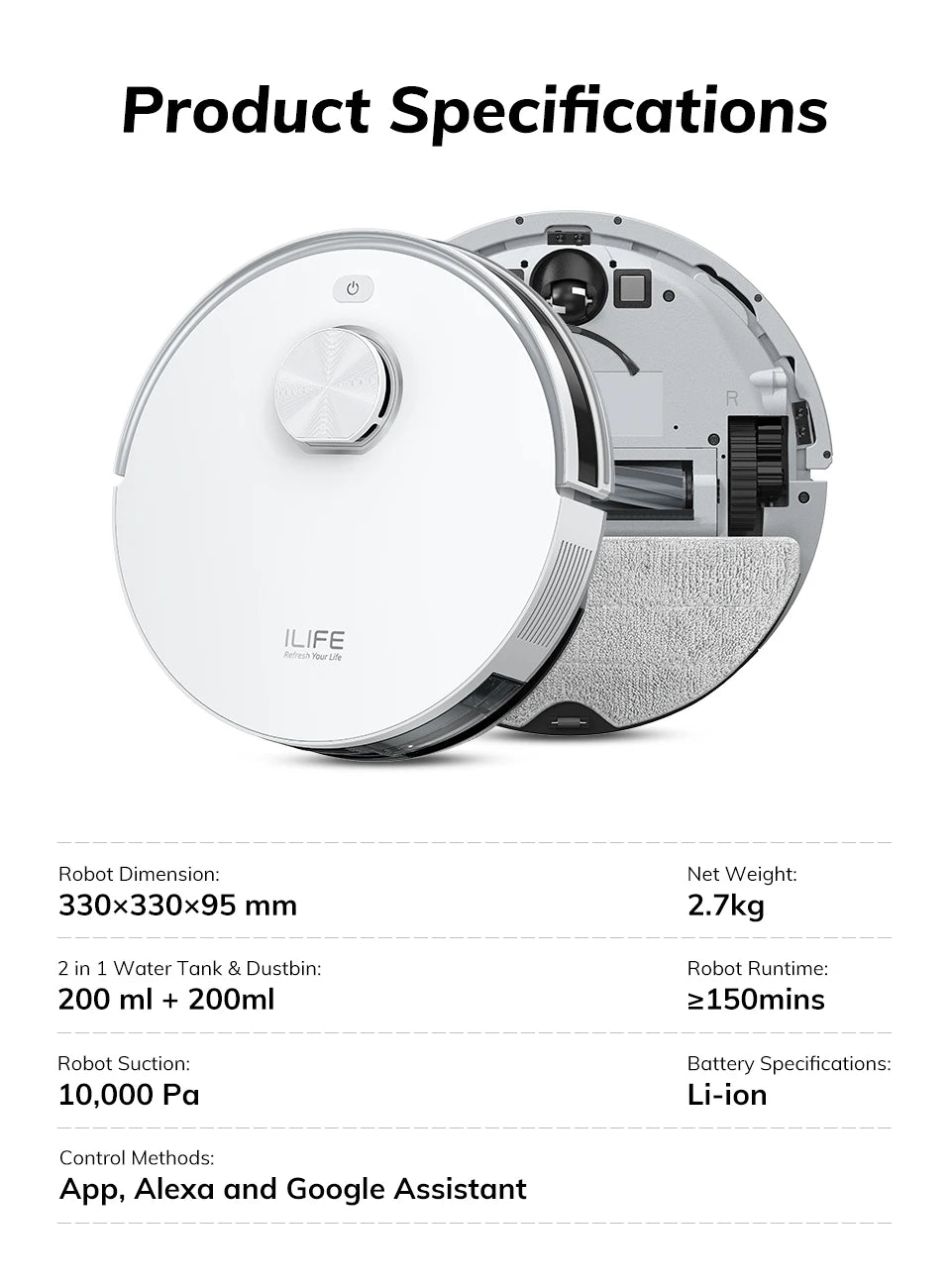 De witte ILIFE stofzuiger met zilveren knop en zwart randje, naast een smartphone met app, voor slimme huishoudelijke reiniging en automatische stofzu