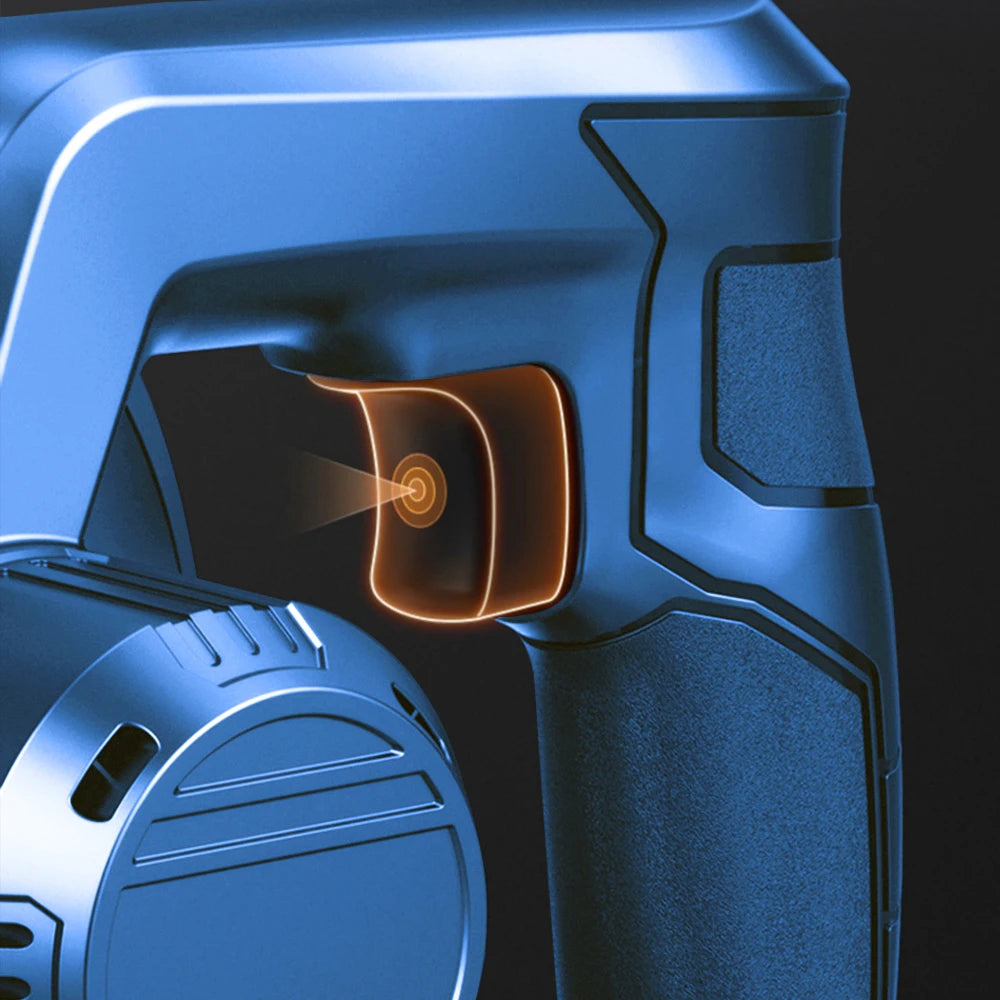 De Kamolee draadloze blower in blauw met zwart uitblaasstuk, voorzien van een 18V lithium-ion accu en twee extra batterijen, geschikt voor tuin- en bo