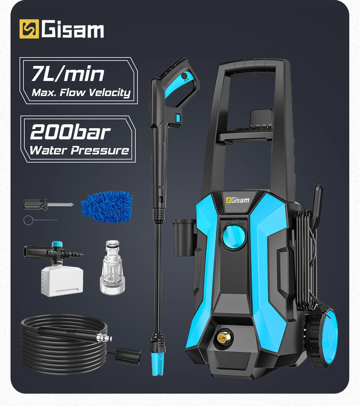 De Gisam waterkanon met 200 bar druk, zwart met blauwe accenten, inclusief slang, borstel, en accessoires voor efficiënte carwash en tuinreiniging. - 