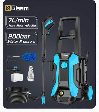 De Gisam waterkanon met 200 bar druk, zwart met blauwe accenten, inclusief slang, borstel, en accessoires voor efficiënte carwash en tuinreiniging. - 