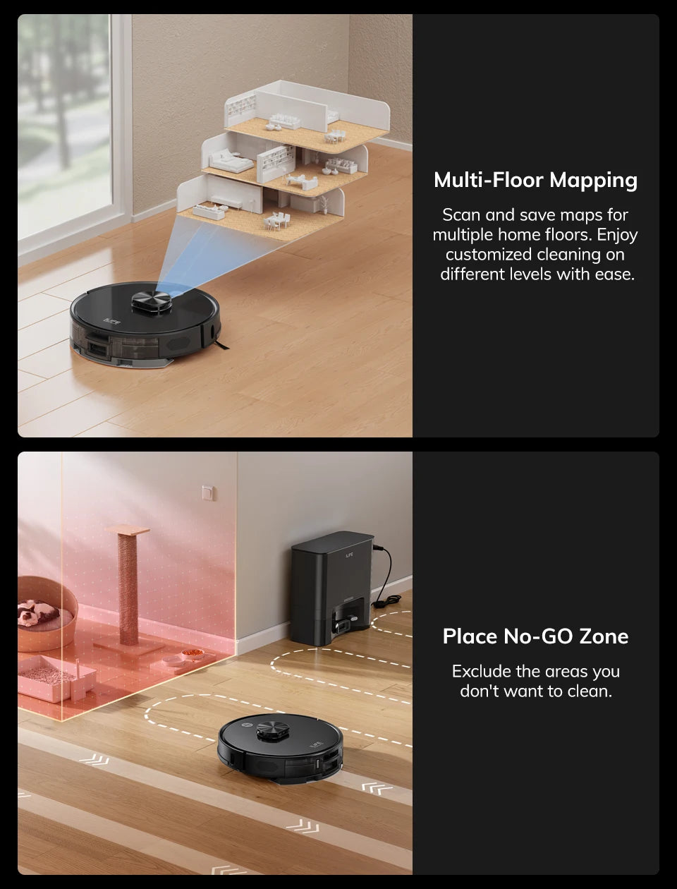Zwarte ILIFE robotstofzuiger met glanzend metaalaccent en bijpassende oplader, klaar voor slimme stofzuiging via app. Ideaal voor dagelijks schoonmake
