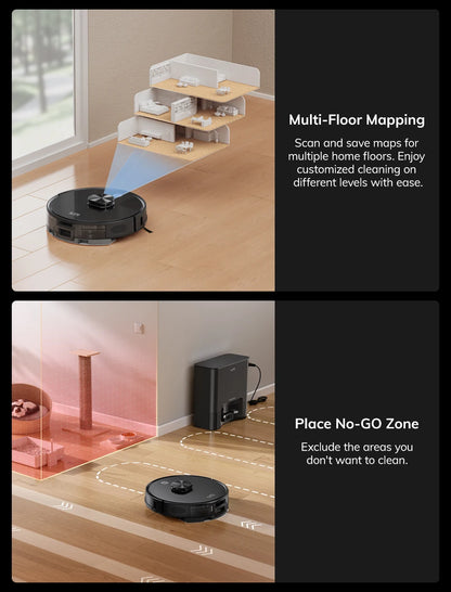 Zwarte ILIFE robotstofzuiger met glanzend metaalaccent en bijpassende oplader, klaar voor slimme stofzuiging via app. Ideaal voor dagelijks schoonmake