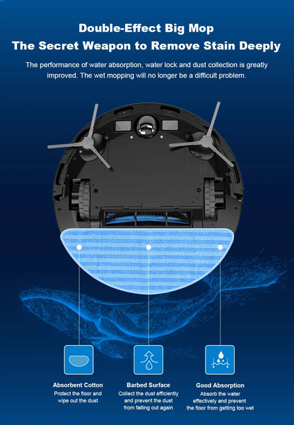 Een zwarte, ronde robotstofzuiger met glanzend oppervlak en zichtbare bedieningsknoppen, uitgerust met een app-gebaseerd navigatiesysteem voor efficië