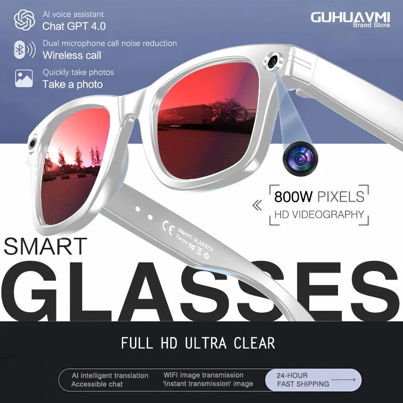 Zwart Google Glass met HD-camera en AI-functies, weergegeven met kleurrijke lensreflecties. Geschikt voor video-opnames en foto’s tijdens reizen of av