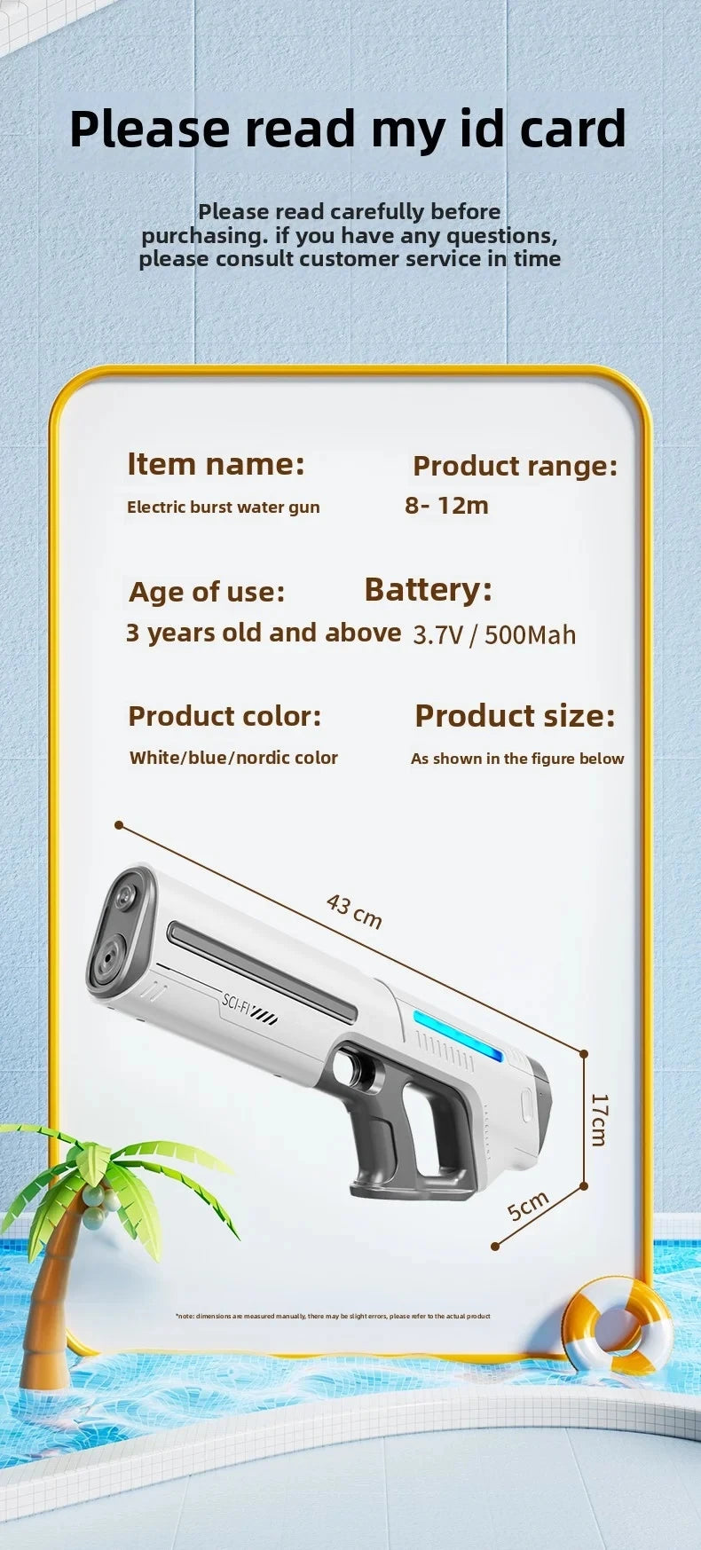 Een witte elektrische waterpistool met blauwe LED-verlichting, vastgehouden door een jonge vrouw in jeans. Geschikt voor speelplezier en watergevechte