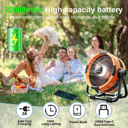 Oranje Kinscoter 6-in-1 kampeerventilator met 20.000mAh batterij, digitale display en afstandsbediening, geschikt voor outdoor gebruik en camping. - F