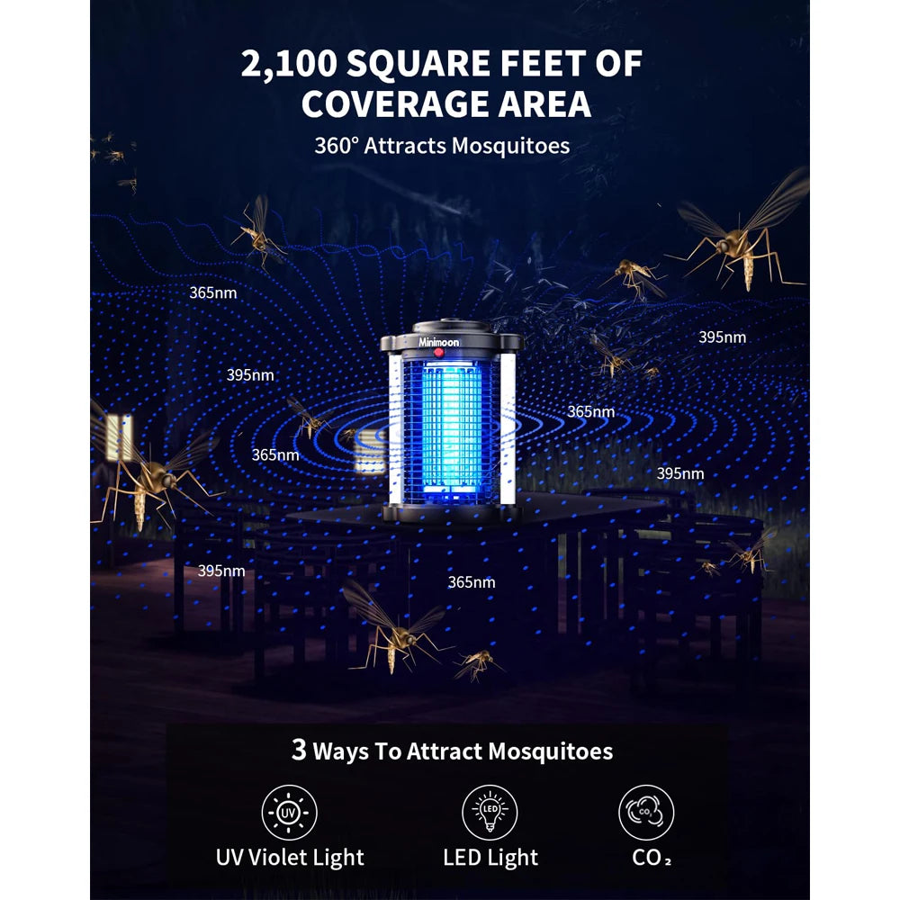 Minimoon Dual LED buitentikker met blauwe elektrische bliksem, zwart metaallichaam en zichtbare insecten. Geschikt voor tuin en terras om muggen en vl