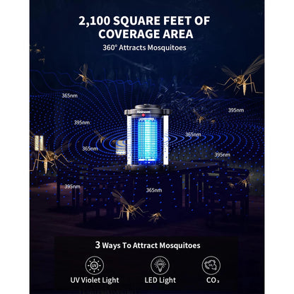 Minimoon Dual LED buitentikker met blauwe elektrische bliksem, zwart metaallichaam en zichtbare insecten. Geschikt voor tuin en terras om muggen en vl