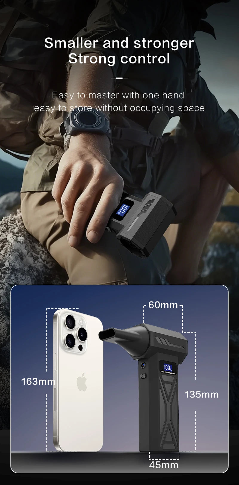 Zwarte draadloze superkrachtige turbo-fan met digitale display, inclusief diverse accessoires voor auto’s en huishoudelijk gebruik. Gebruik voor snell