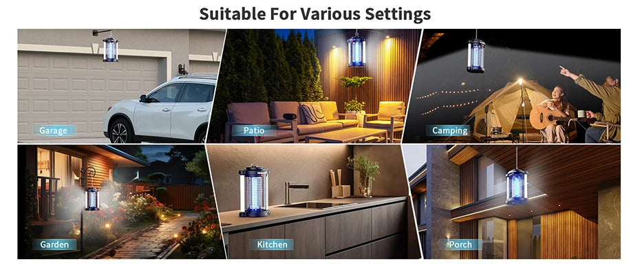 Minimoon buiteninsectenkiller met blauwe LED-verlichting en zichtbare elektrische vonken, zwart metaal met zilveren stangen, geschikt voor tuin en ter