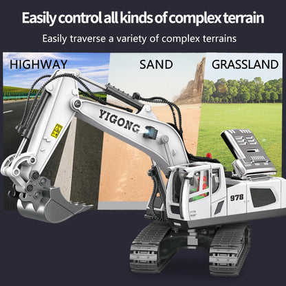 Grote gele, graafmachine en bulldozer met zwarte banden en metalen details, staan op zand. Een hand houdt de oranje, geschikt voor kinderen die graafw