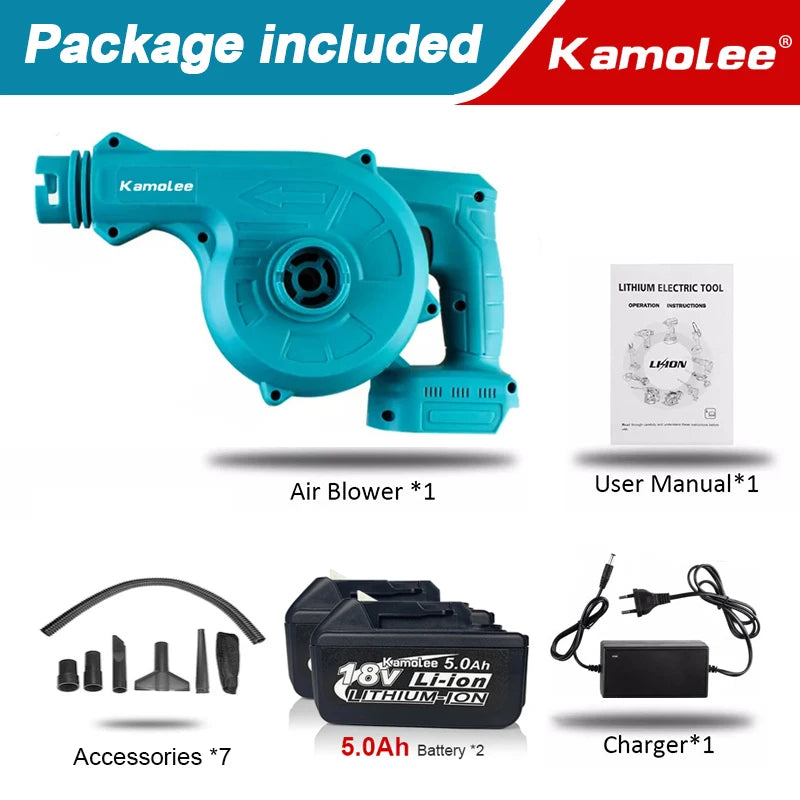 De Kamolee draadloze blower in blauw met zwart snoer, uitgerust met lithium-ion batterijen, is een draagbare blower/succioner voor tuin- en bouwtoepas