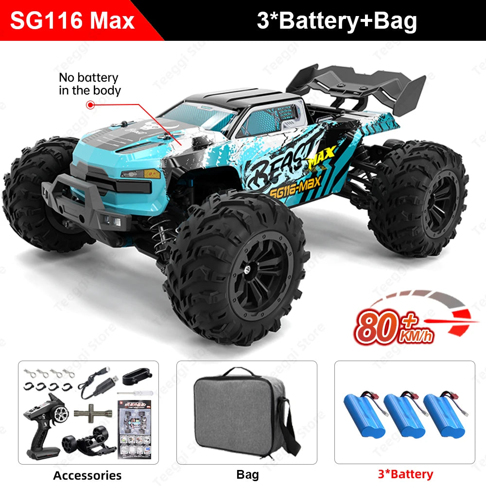 Zwart Rigid off-road RC-raceauto met rode velgen en LED-verlichting, uitgerust met 3 blauwe batterijen, stuurcontroller en opbergzak voor speelplein o