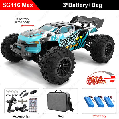 Zwart Rigid off-road RC-raceauto met rode velgen en LED-verlichting, uitgerust met 3 blauwe batterijen, stuurcontroller en opbergzak voor speelplein o