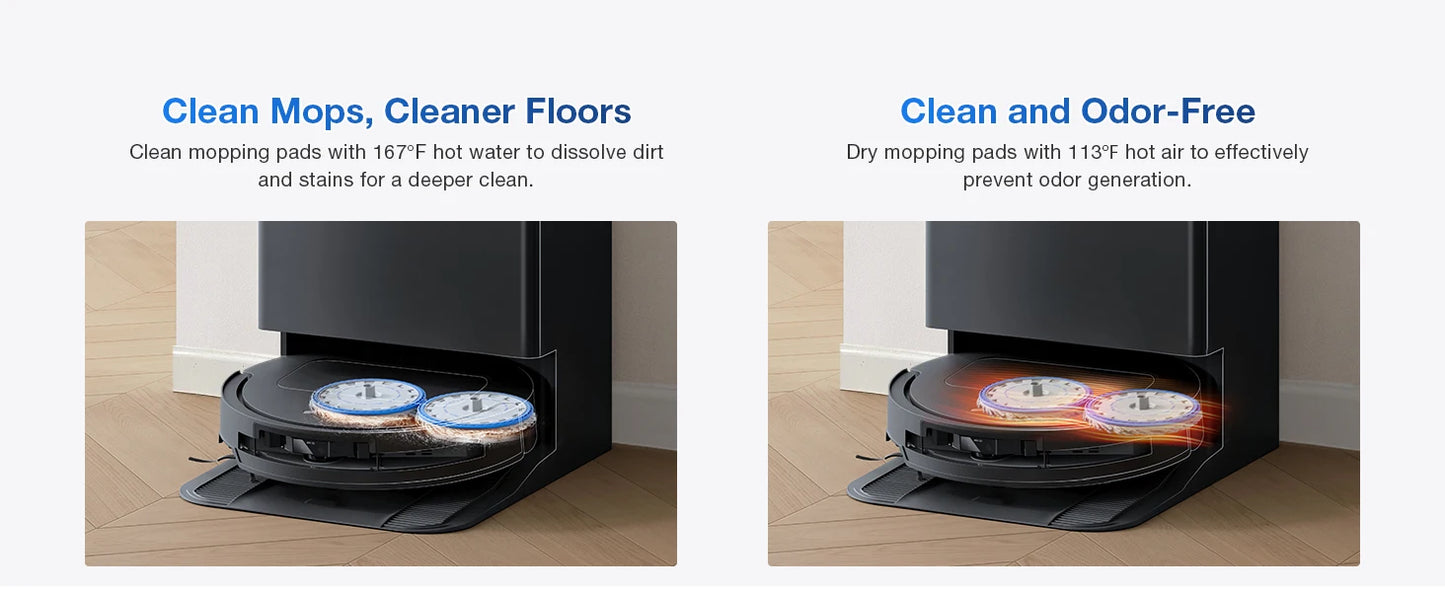 De Ecovacs robotstofzuiger met zwart glanzend oppervlak en zichtbare blauwe mop, klaar voor automatische vloerreiniging. Modern ontwerp met waterreser
