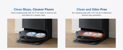 De Ecovacs robotstofzuiger met zwart glanzend oppervlak en zichtbare blauwe mop, klaar voor automatische vloerreiniging. Modern ontwerp met waterreser