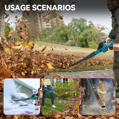 Een bladzager met blauw-zwart design, 5500W vermogen, en twee 588V accu’s voor tuin- en bouwtoepassingen. Geschikt voor krachtige bladverwijdering en 