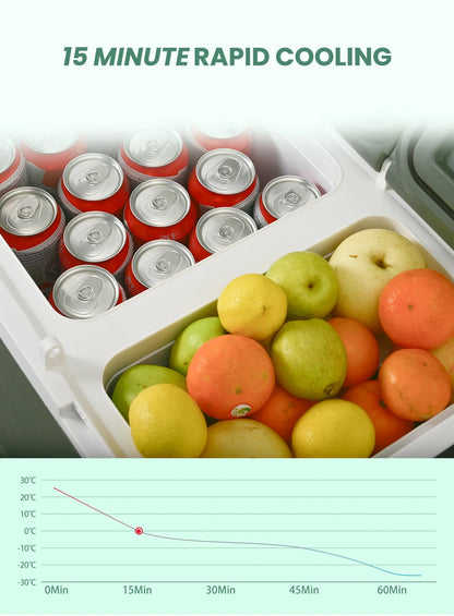 Grijze Alpicool koelbox met open deksel, gevuld met rode blikjes en verse fruit. Elektronisch bediend, geschikt voor kamperen en outdoor activiteiten.