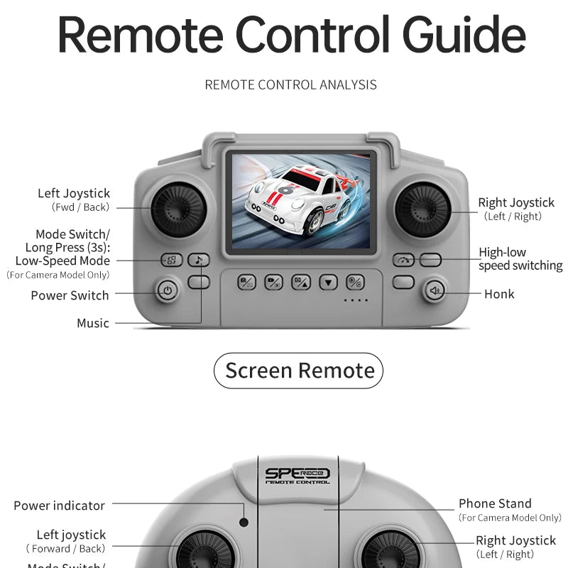 Zwart en witte raceauto’s met HD-camera’s voor live-uitzending, gestuurd via een draadloze controller met touchscreen. Ideaal voor kinderen en racers 
