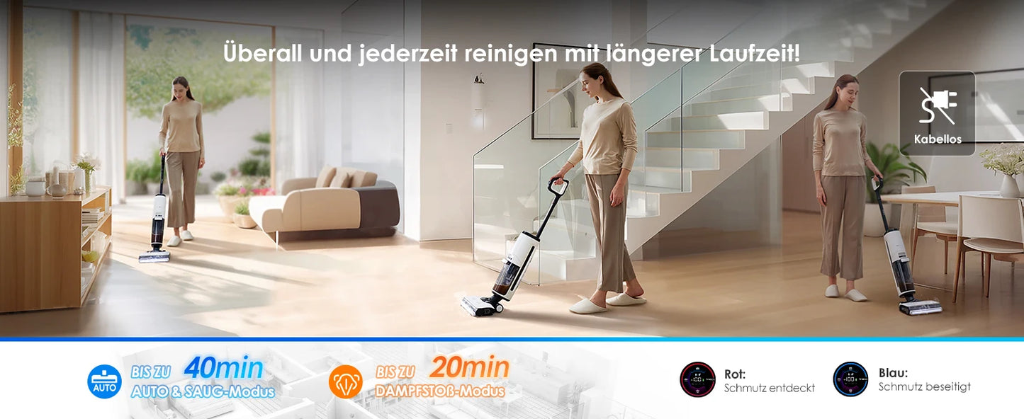 De Tineco stofzuiger met stoomfunctie heeft een moderne zilveren en zwarte kleur, een transparante waterreservoir en een stoomborstel voor efficiënte 