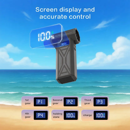 Zwart draadloos superkrachtig turboventilator met digitale display, inclusief diverse accessoires voor auto’s en huishoudelijk gebruik. Geschikt voor 