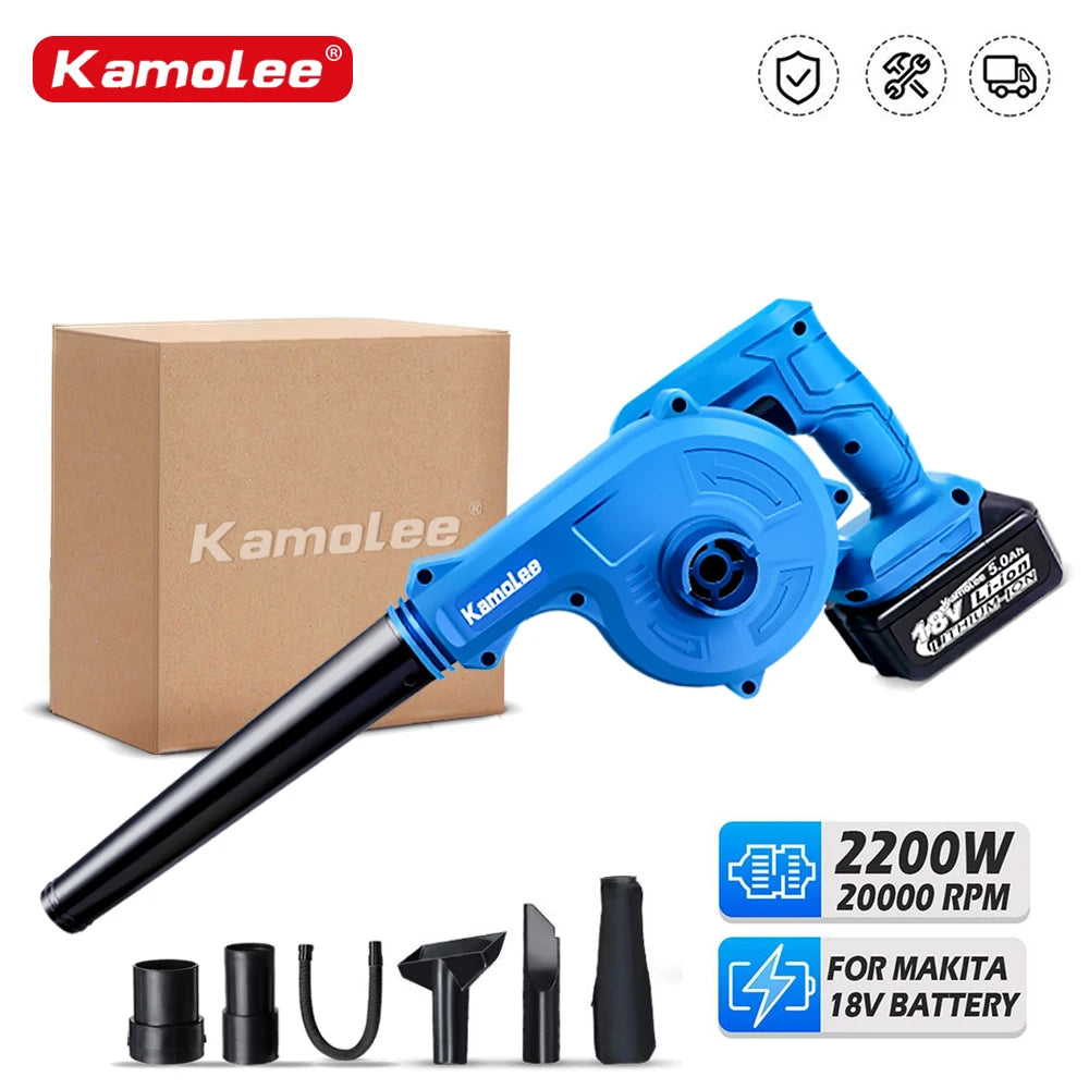 Een blauwe Kamolee draadloze blower met 18V lithium-ion accu, geschikt voor tuin- en bouwprojecten. Inclusief twee extra accu’s voor langdurig gebruik