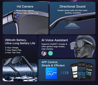 Zwart virtueel realiteitsbril met 800K HD-camera en 32G opslag, voor hoge kwaliteit video-opnames en real-time vertaling in een futuristische stadsomg