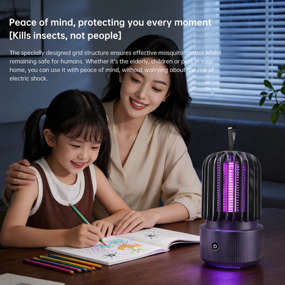 Zwart Xiaomi elektrisch muggenkiller met paarse UV-lamp en draadloze hanghaak, ontworpen voor binnen- en buitengebruik. Effectief muggenbestrijdingsap