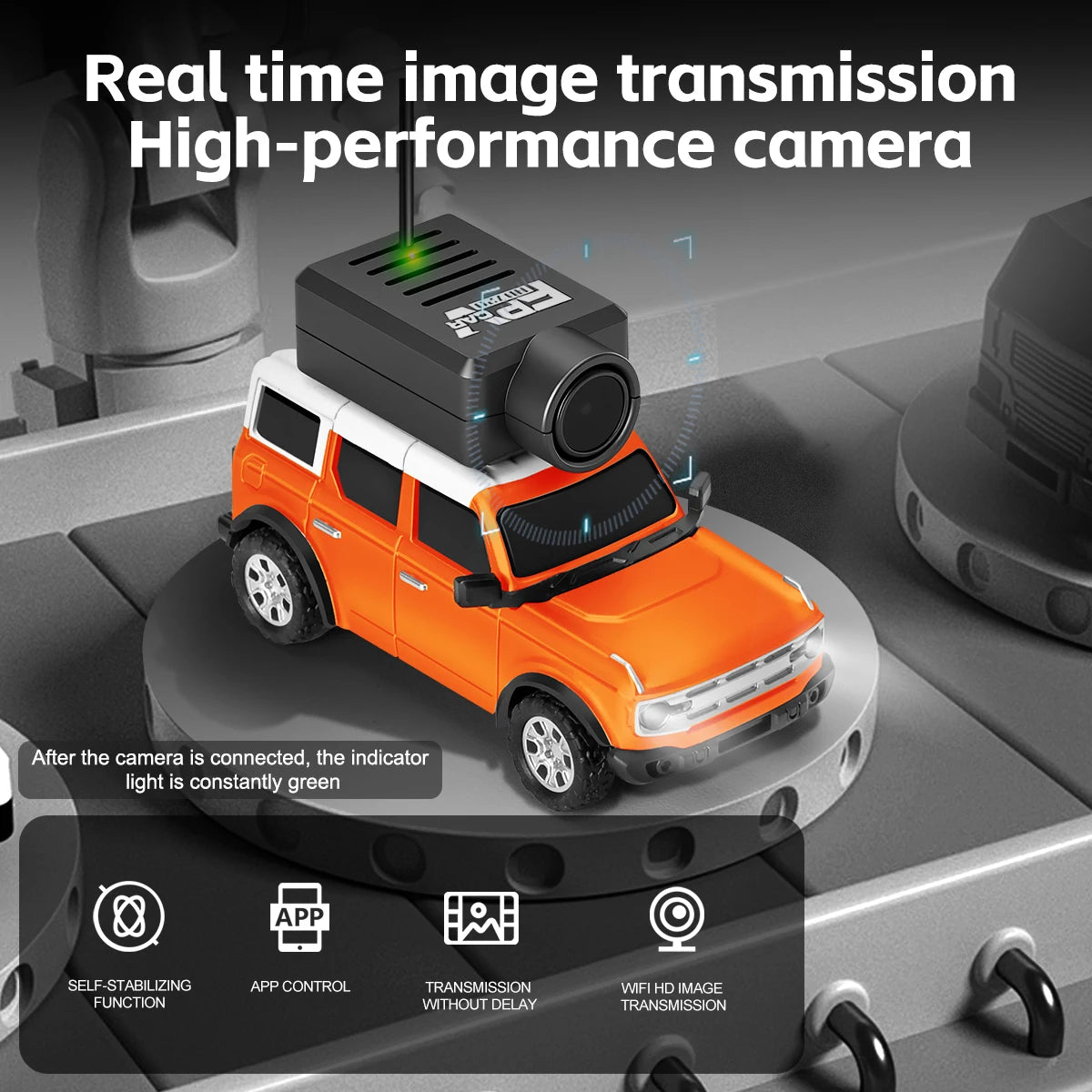 Mini camera-voertuigen in zwart, zilver, oranje en lichtblauw, elk met een zwarte camera op het dak, inclusief stuurunit, USB-kabel en oplader voor sp