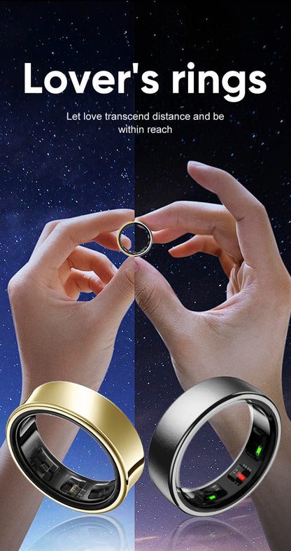 Een zilverkleurige slimme ring met een mat glanzend oppervlak en zichtbare LED-indicatoren, naast een gouden variant op een draadloze oplader voor gezondheidsmonitoren. - Foto 11
