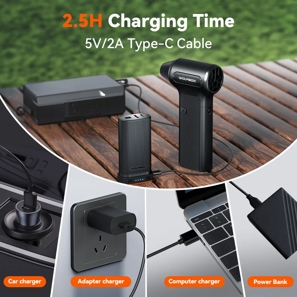 Zwart Wolfbox DF200 luchtstofzuiger met textuur, inclusief borstel, kabel, tas en drie accessoires, geschikt voor het schoonmaken van elektronica en p