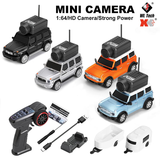 Mini-camera in 1:64 schaal, geïntegreerd in vier kleurrijke SUV-modellen met zichtbare antenne en USB-kabel. Ideaal voor kinderen die hobbymodelauto’s
