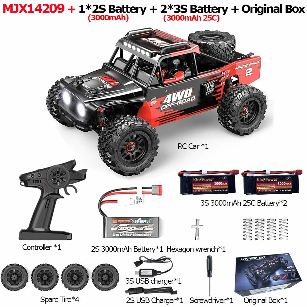 Een rood-zwarte 4WD off-road RC-raceauto met grote knipperende koplampen en zwarte banden, geïntegreerd met een zwarte stuurunit, geschikt voor speelp