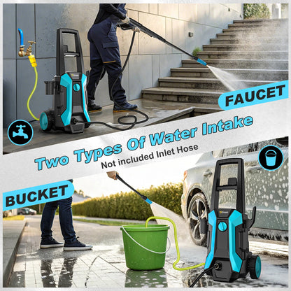 Gisam waterkanon met 200 bar druk, zwart met blauwe accenten, inclusief slang, diverse borstels en accessoires voor efficiënte carwash en tuinreinigin