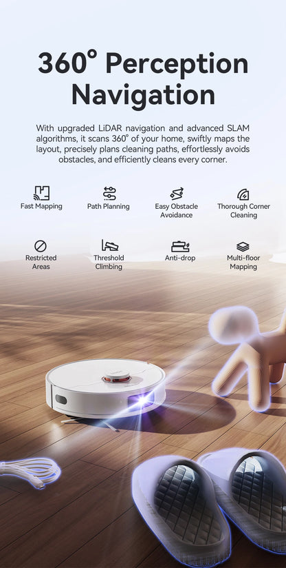 De JONR P20 Pro robotstofzuiger met witte, moderne design en transparante onderkant, naast zijn laadstation en een smartphone met de app voor slimme h