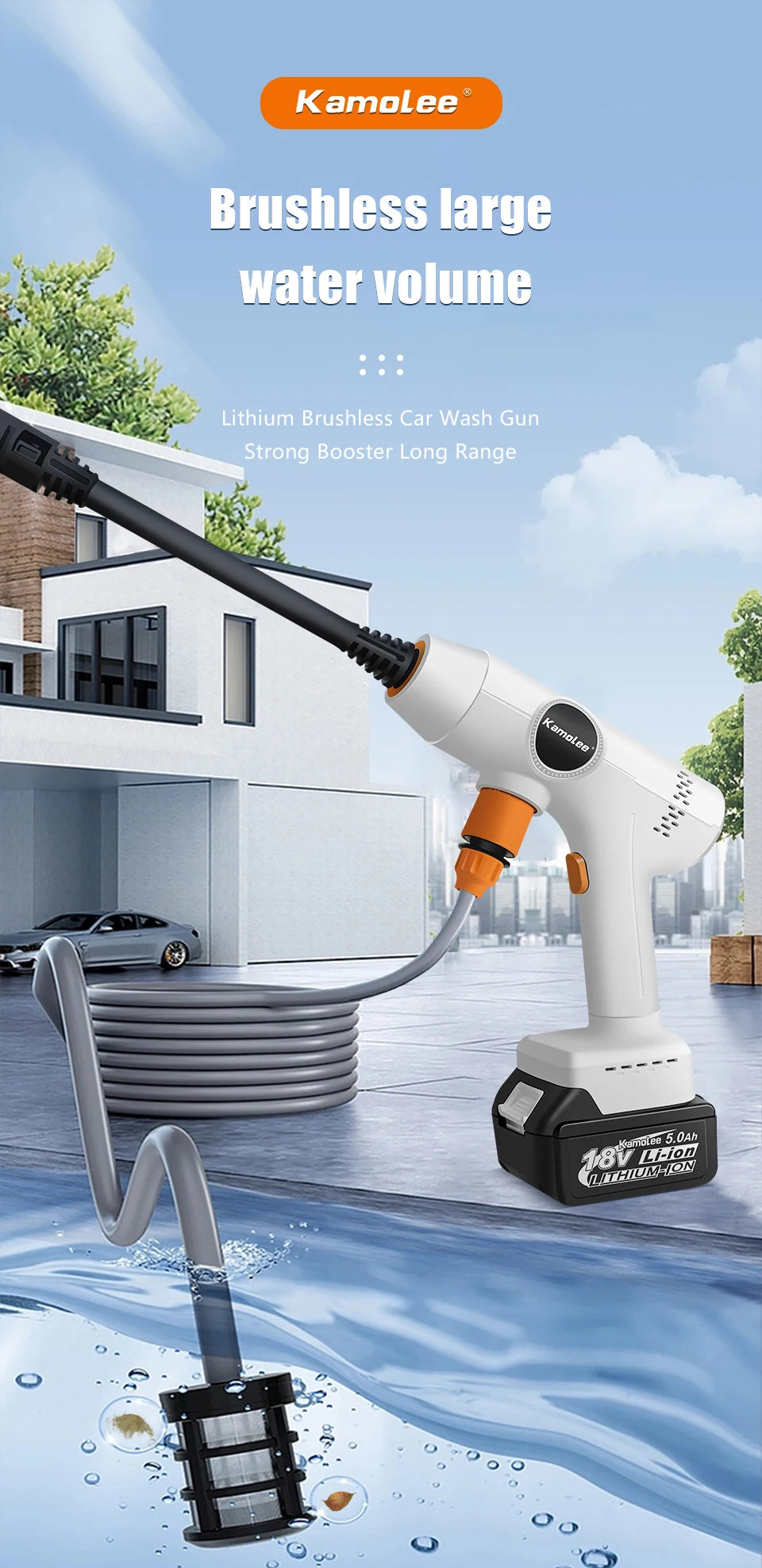De Kamolee high pressure car wash gun met 388V Li-ion accu, zwart met rode accenten, staat naast haar open koffer met accessoires, klaar voor gebruik 