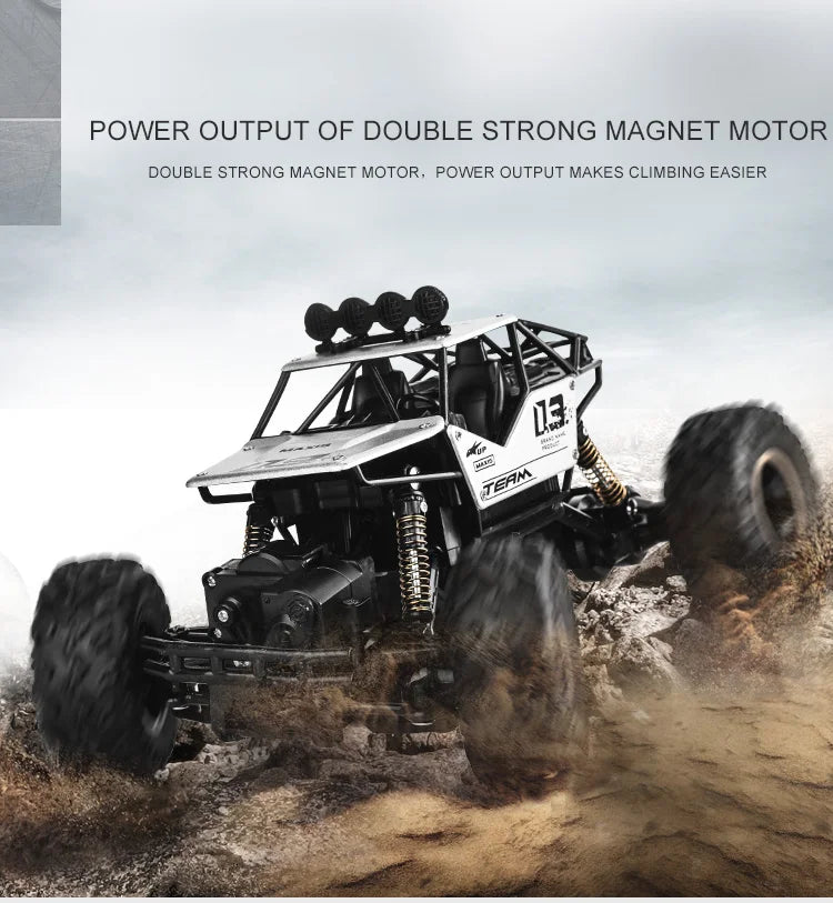 ZWN Rock climber, een zwarte 4WD RC-afstandsbediening met goudkleurige velgen en zichtbare schokdempers, geschikt voor zware off-road avonturen en ste