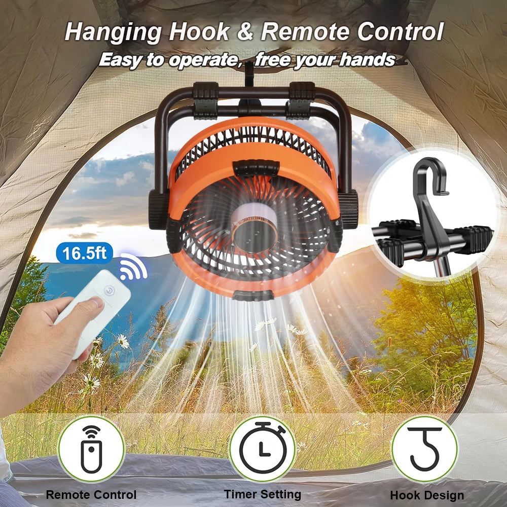 Oranje Kinscoter 6-in-1 kampeerventilator met 20.000 mAh batterij, digitale display en afstandsbediening, geschikt voor kamperen en reizen. Compacte, 