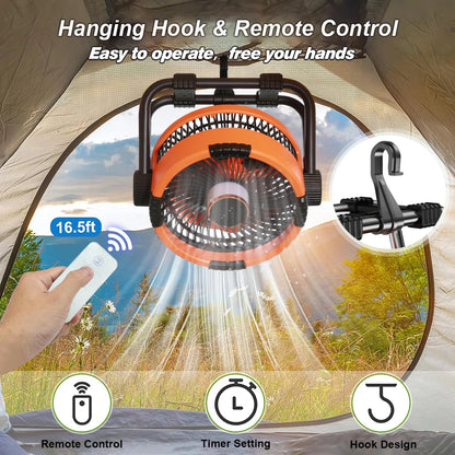 Oranje Kinscoter 6-in-1 kampeerventilator met 20.000 mAh batterij, digitale display en afstandsbediening, geschikt voor kamperen en reizen. Compacte, 