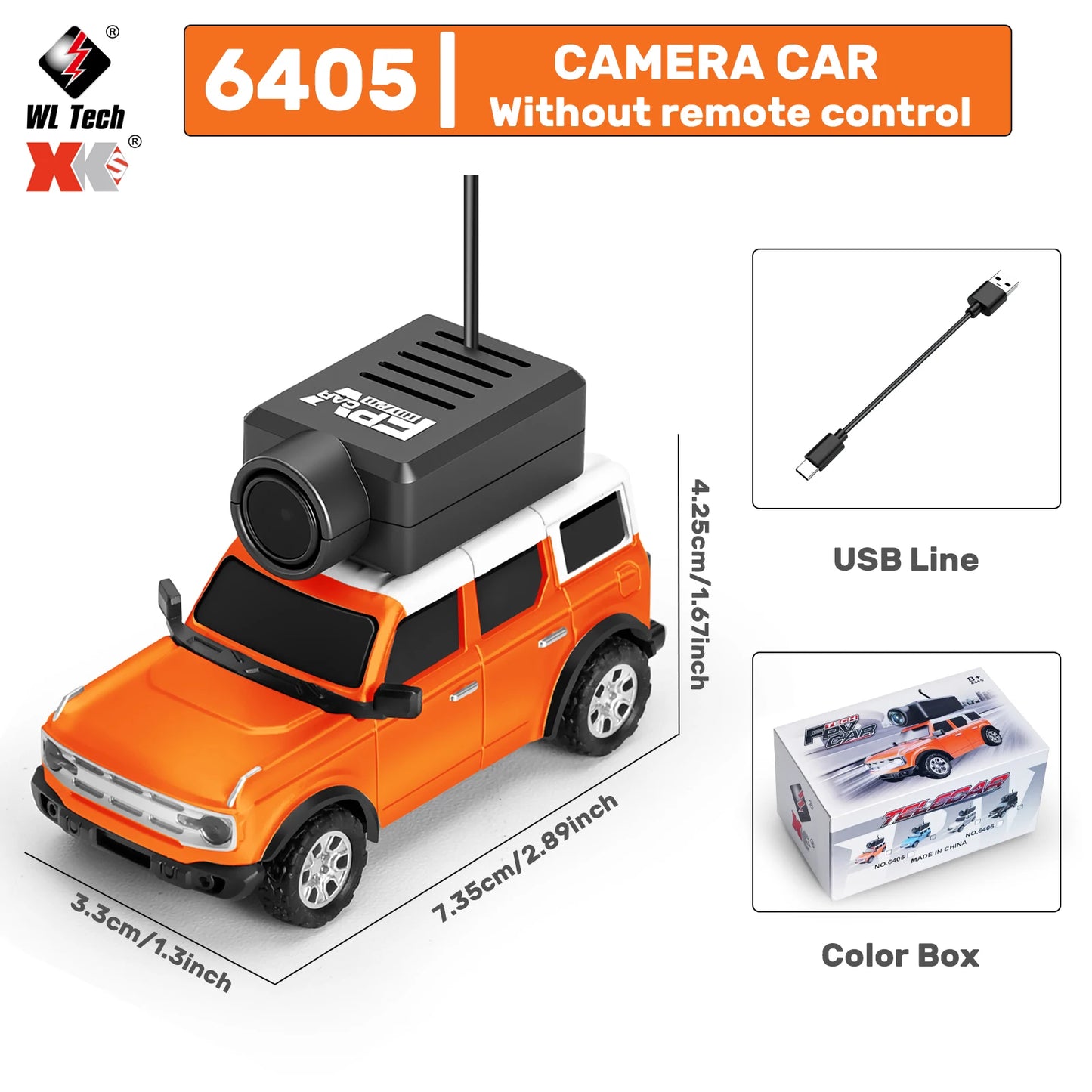 Mini camera-voertuigen in zwart, zilver, oranje en lichtblauw, elk met een zwarte camera op het dak, inclusief stuurunit en USB-kabel voor speelgoedau