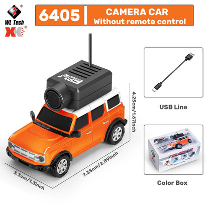 Mini camera-voertuigen in zwart, zilver, oranje en lichtblauw, elk met een zwarte camera op het dak, inclusief stuurunit en USB-kabel voor speelgoedau