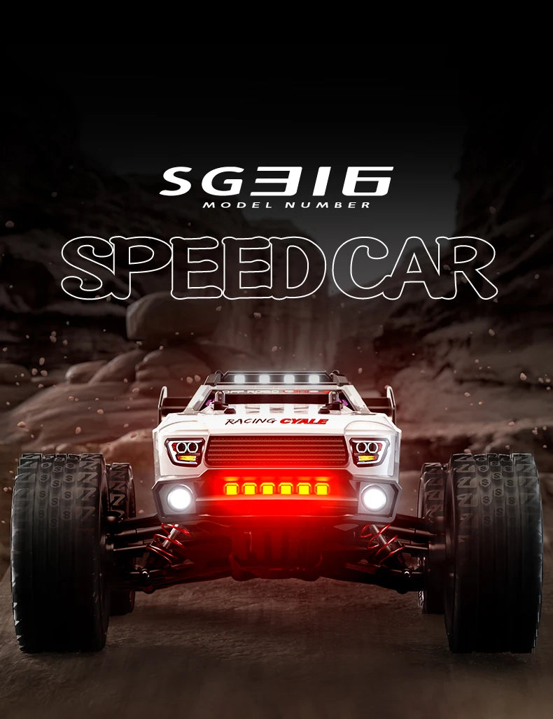 Zwart met rode accenten RC terreinwagen met grote off-road banden en LED-verlichting, inclusief stuur, batterijen en opbergzak voor speelplein of buit